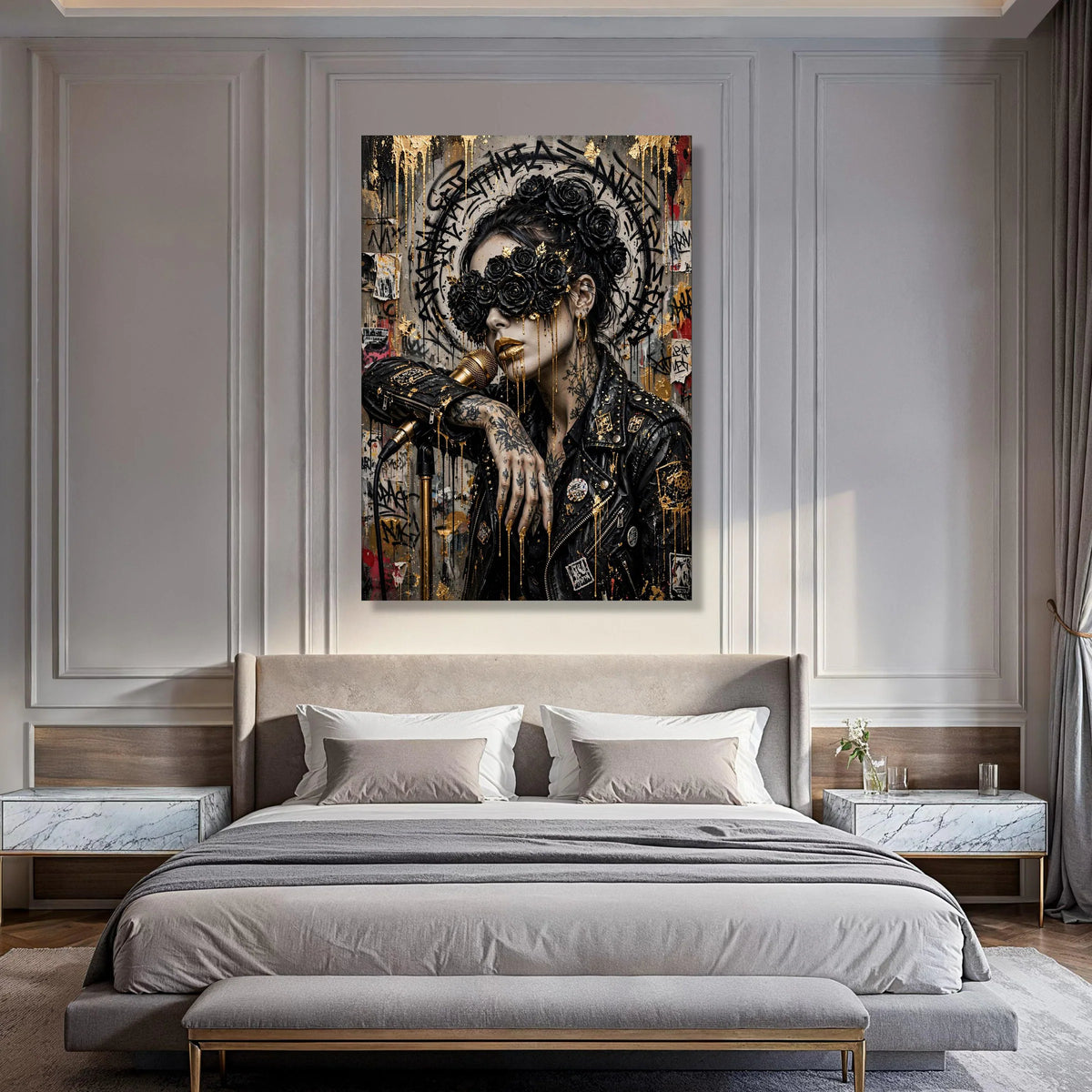 Urban Goddess with Black Roses, Gold Accent Canvas, Street Art Woman Portrait, Tattooed Singer Wall Art, Contemporary Canvas Decor Print Art