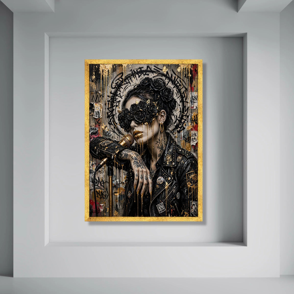Urban Goddess with Black Roses, Gold Accent Canvas, Street Art Woman Portrait, Tattooed Singer Wall Art, Contemporary Canvas Decor Print Art