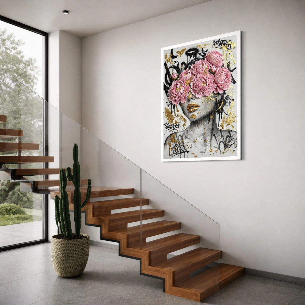 Modern Floral Portrait Canvas, Pink Peony Face Art, Gold Accent Wall Art, Urban Graffiti Style Canvas, Contemporary Home Print Art