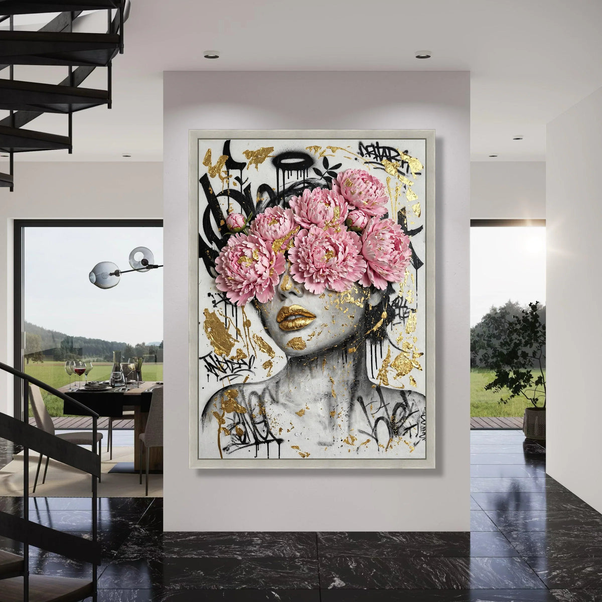Modern Floral Portrait Canvas, Pink Peony Face Art, Gold Accent Wall Art, Urban Graffiti Style Canvas, Contemporary Home Print Art