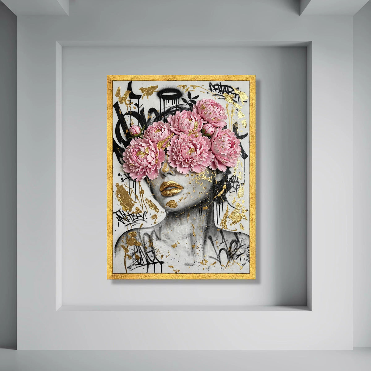 Modern Floral Portrait Canvas, Pink Peony Face Art, Gold Accent Wall Art, Urban Graffiti Style Canvas, Contemporary Home Print Art