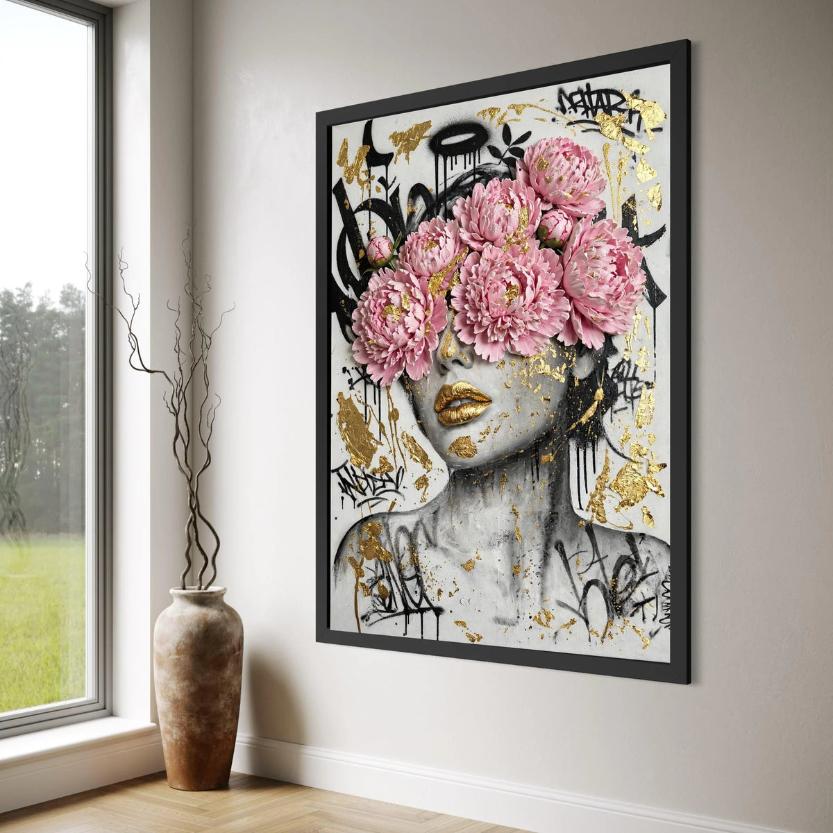 Modern Floral Portrait Canvas, Pink Peony Face Art, Gold Accent Wall Art, Urban Graffiti Style Canvas, Contemporary Home Print Art