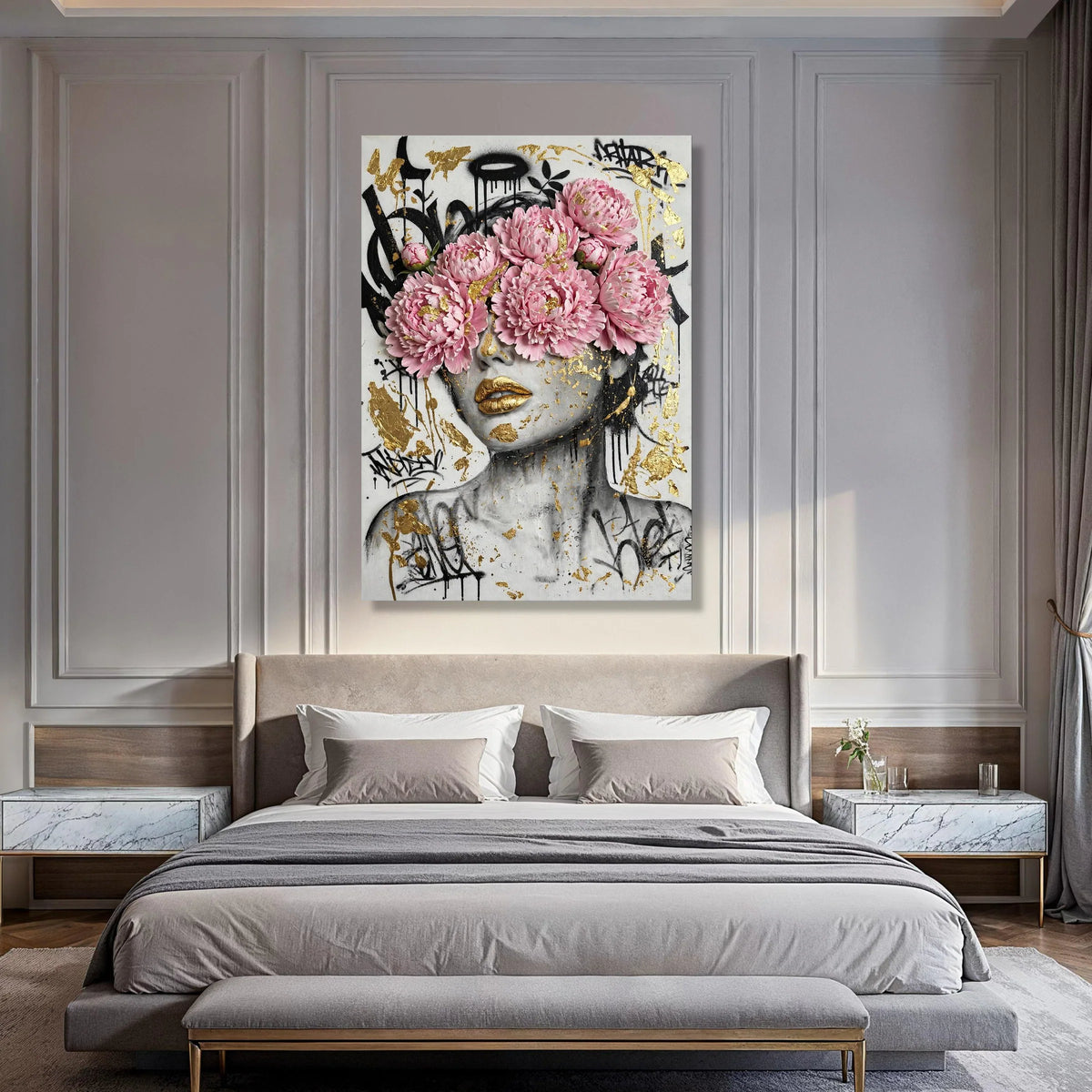 Modern Floral Portrait Canvas, Pink Peony Face Art, Gold Accent Wall Art, Urban Graffiti Style Canvas, Contemporary Home Print Art