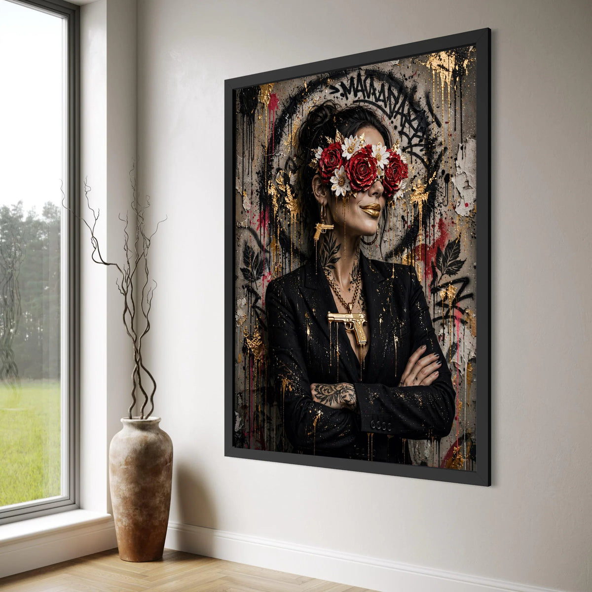 Urban Glamour Woman Portrait Canvas, Floral Mask Art, Gold Accents Wall Decor, Modern Street Style Canvas, Bold Fashion Statement Print Art