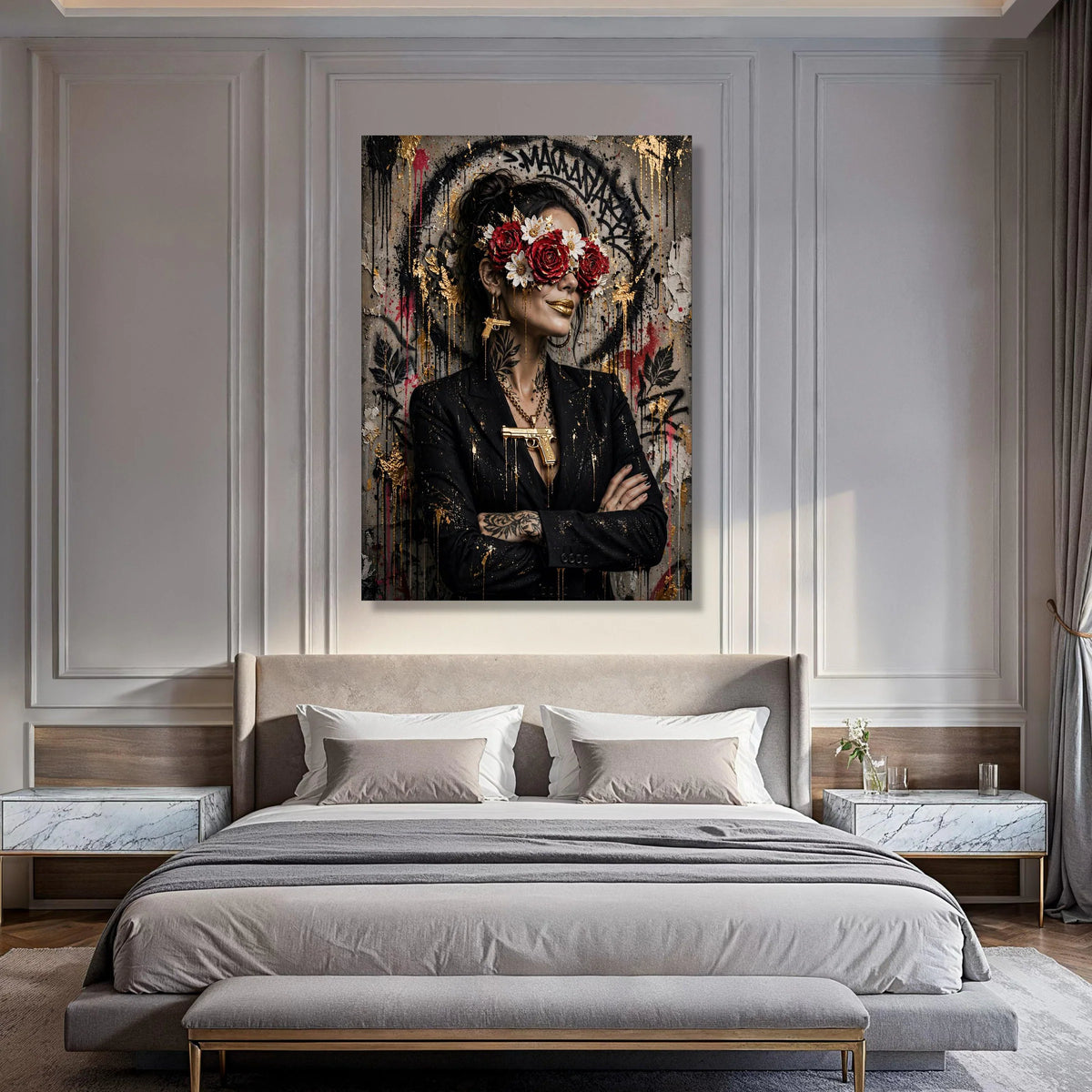 Urban Glamour Woman Portrait Canvas, Floral Mask Art, Gold Accents Wall Decor, Modern Street Style Canvas, Bold Fashion Statement Print Art