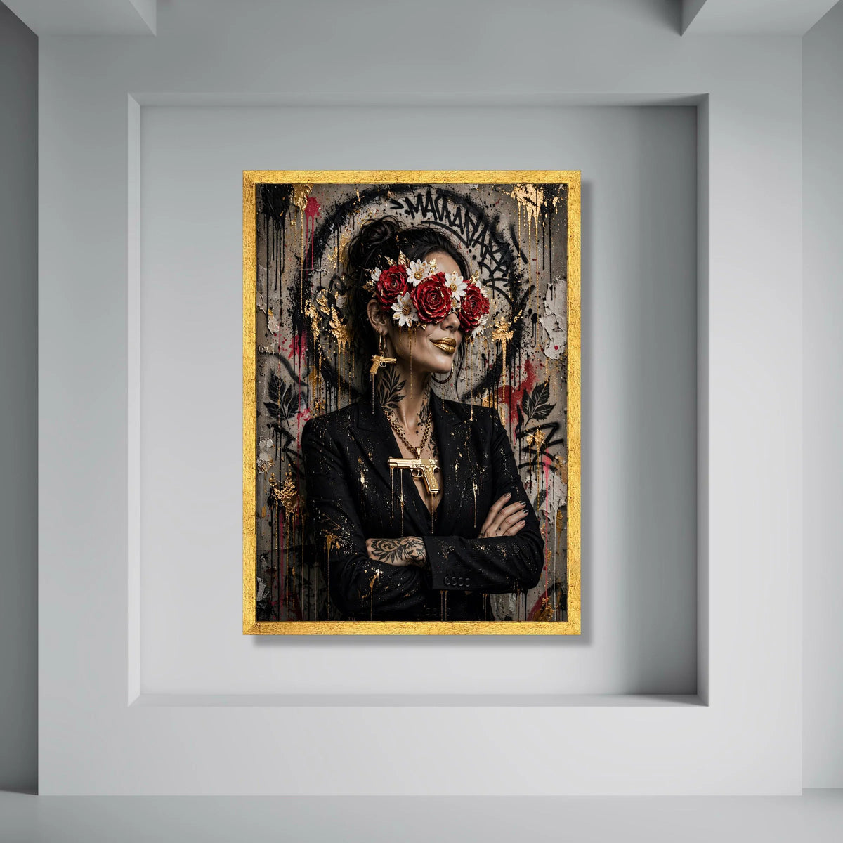 Urban Glamour Woman Portrait Canvas, Floral Mask Art, Gold Accents Wall Decor, Modern Street Style Canvas, Bold Fashion Statement Print Art