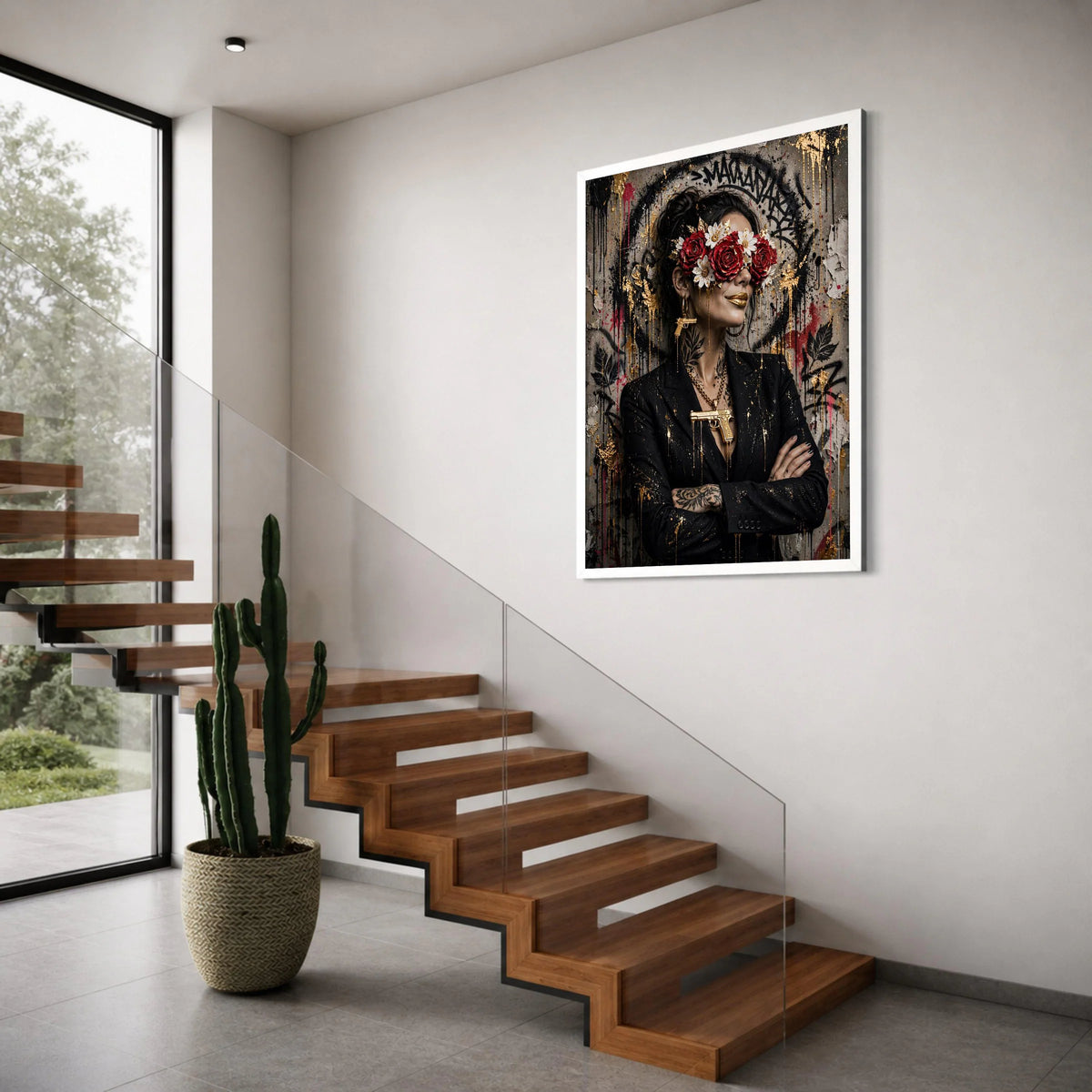Urban Glamour Woman Portrait Canvas, Floral Mask Art, Gold Accents Wall Decor, Modern Street Style Canvas, Bold Fashion Statement Print Art