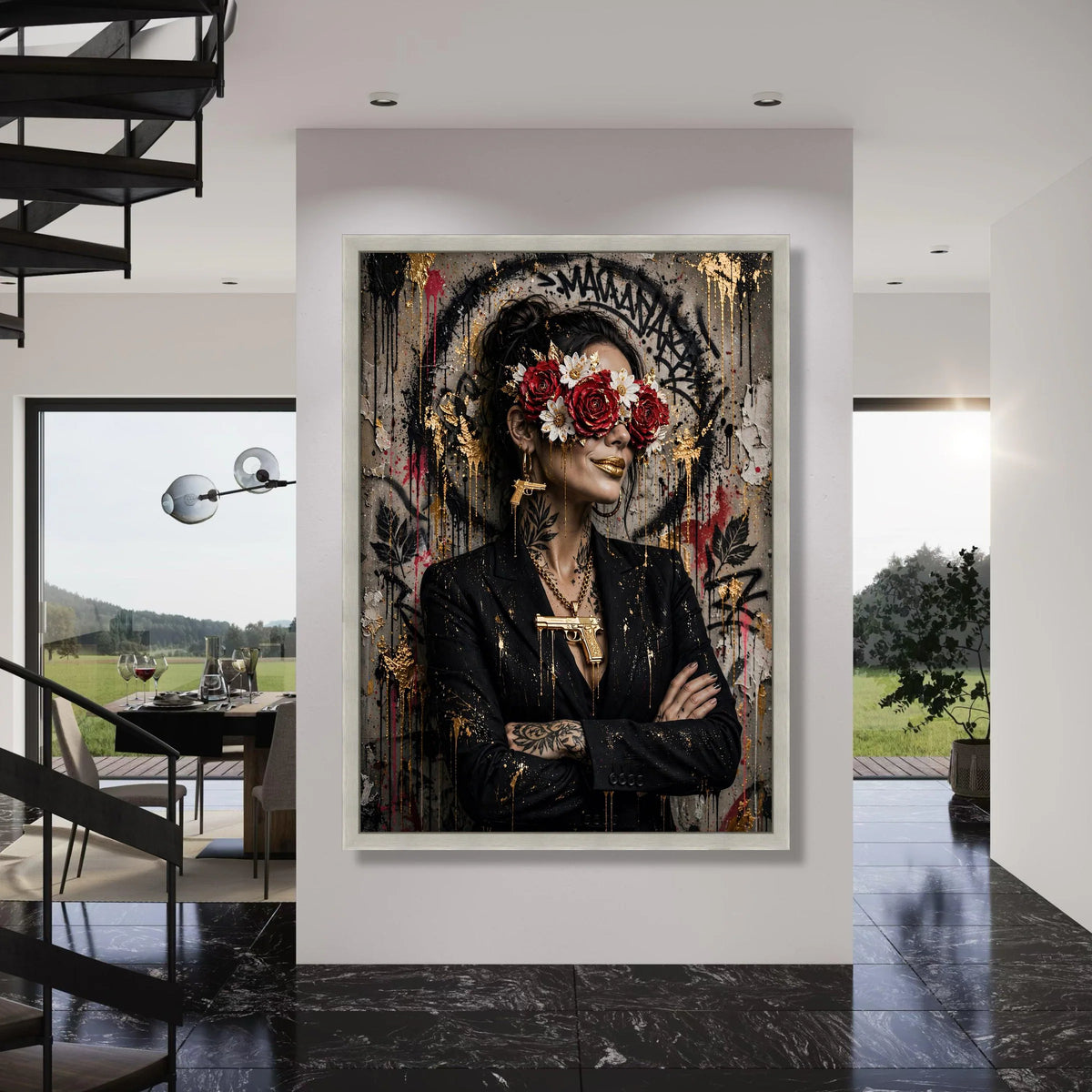 Urban Glamour Woman Portrait Canvas, Floral Mask Art, Gold Accents Wall Decor, Modern Street Style Canvas, Bold Fashion Statement Print Art