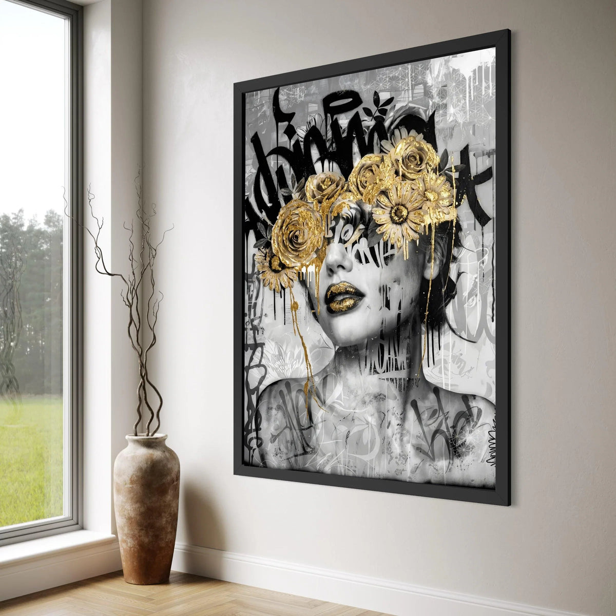 Modern Abstract Portrait Canvas, Gold Floral Mask Wall Art, Black and White Graffiti Style Canvas, Contemporary Home Decoration Print Art