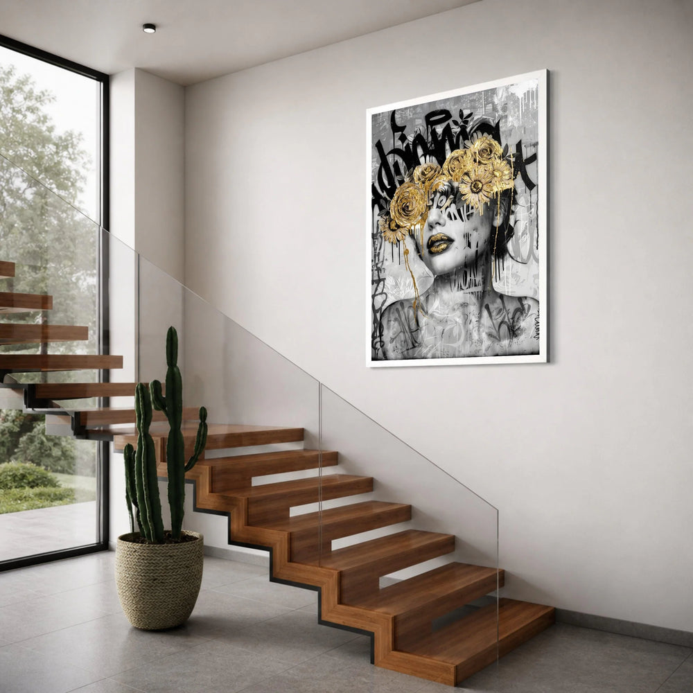 Modern Abstract Portrait Canvas, Gold Floral Mask Wall Art, Black and White Graffiti Style Canvas, Contemporary Home Decoration Print Art