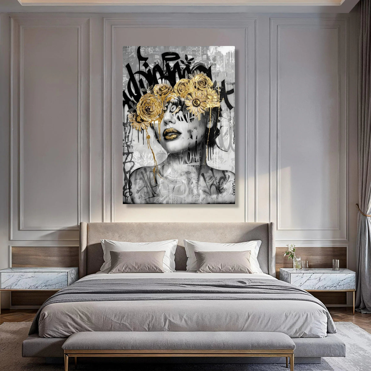 Modern Abstract Portrait Canvas, Gold Floral Mask Wall Art, Black and White Graffiti Style Canvas, Contemporary Home Decoration Print Art