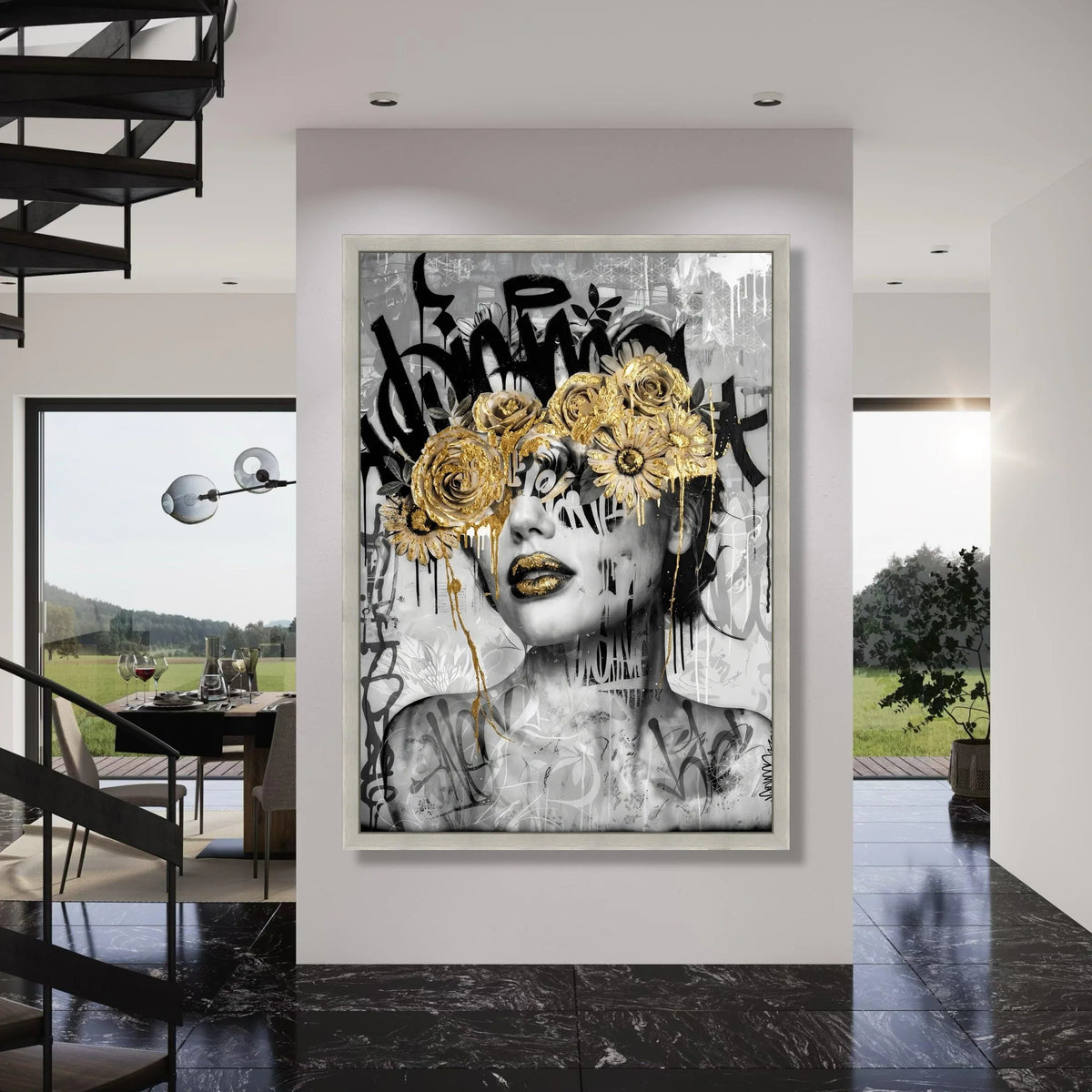 Modern Abstract Portrait Canvas, Gold Floral Mask Wall Art, Black and White Graffiti Style Canvas, Contemporary Home Decoration Print Art