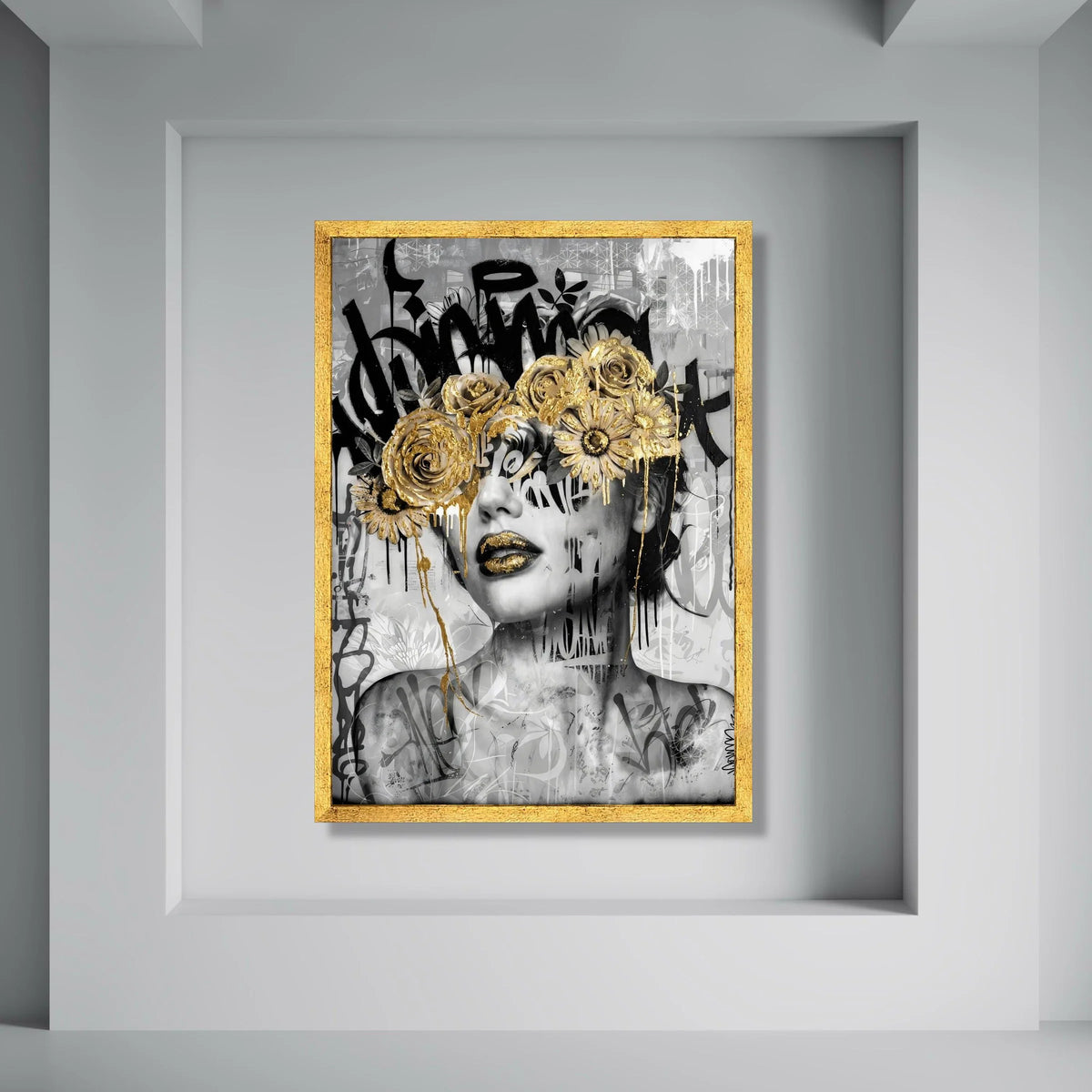 Modern Abstract Portrait Canvas, Gold Floral Mask Wall Art, Black and White Graffiti Style Canvas, Contemporary Home Decoration Print Art
