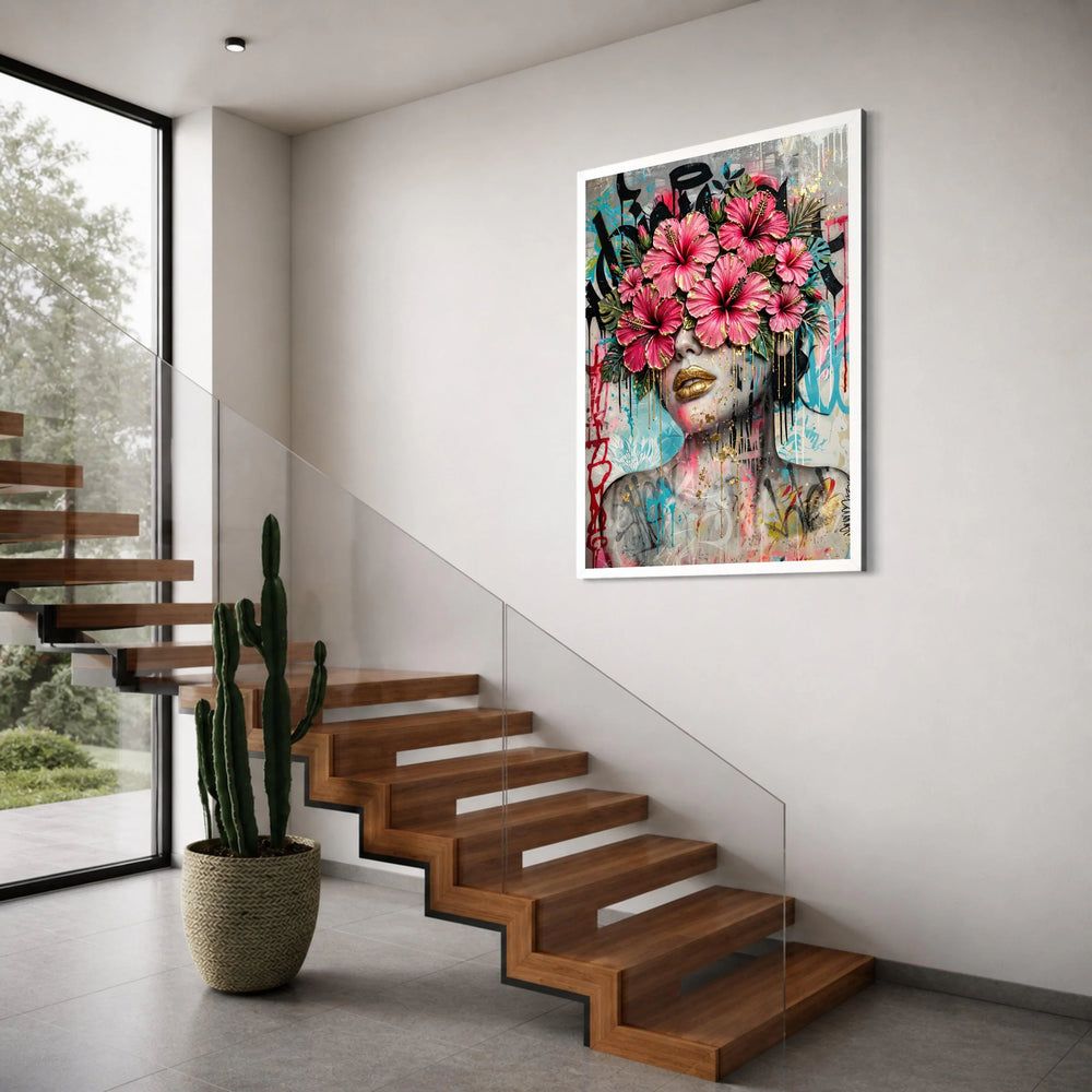 Bold Floral Face Canvas Wall Art, Pink Hibiscus Decor, Urban Graffiti Portrait, Contemporary Flower Art, Modern Home Wall Print Art