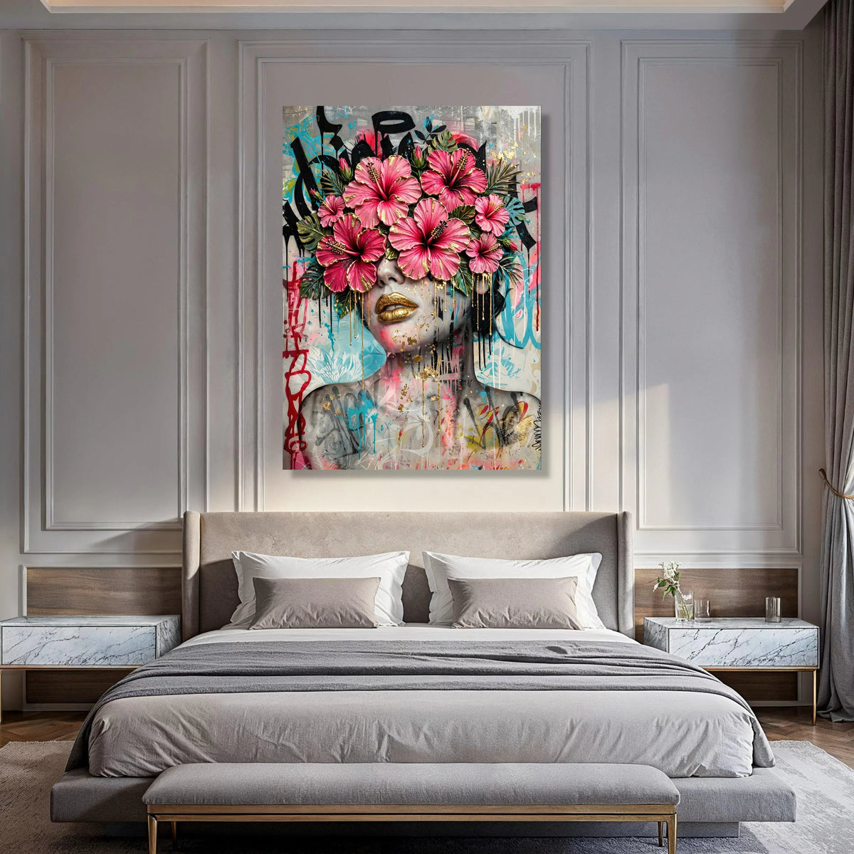 Bold Floral Face Canvas Wall Art, Pink Hibiscus Decor, Urban Graffiti Portrait, Contemporary Flower Art, Modern Home Wall Print Art