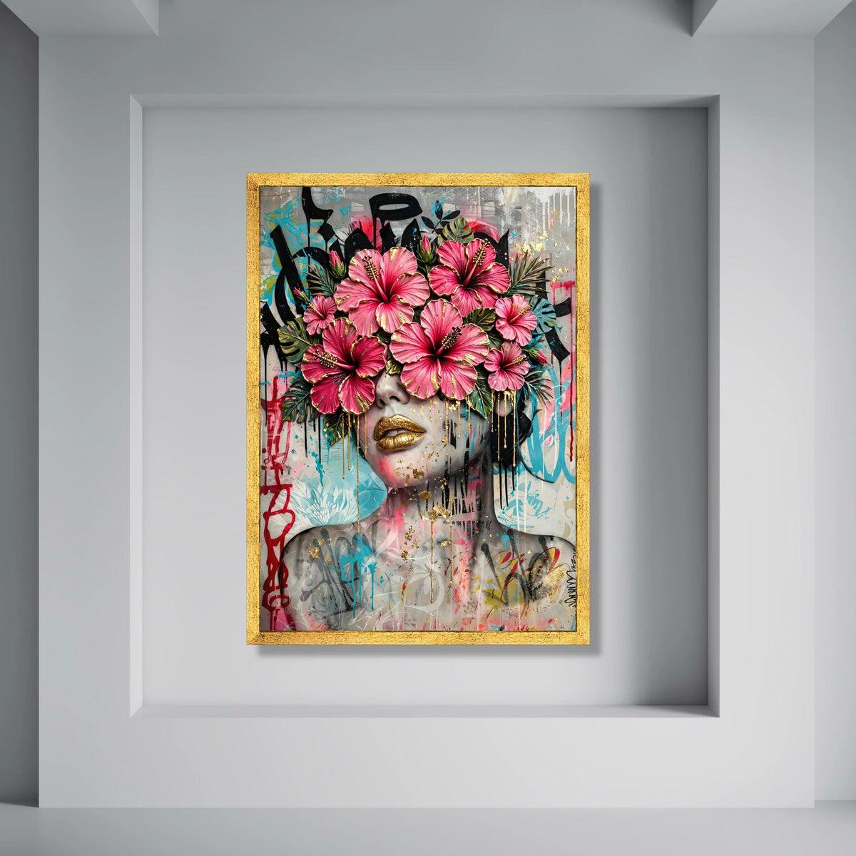 Bold Floral Face Canvas Wall Art, Pink Hibiscus Decor, Urban Graffiti Portrait, Contemporary Flower Art, Modern Home Wall Print Art
