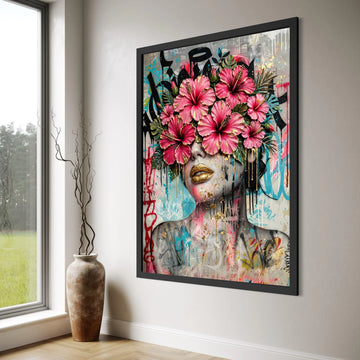 Bold Floral Face Canvas Wall Art, Pink Hibiscus Decor, Urban Graffiti Portrait, Contemporary Flower Art, Modern Home Wall Print Art