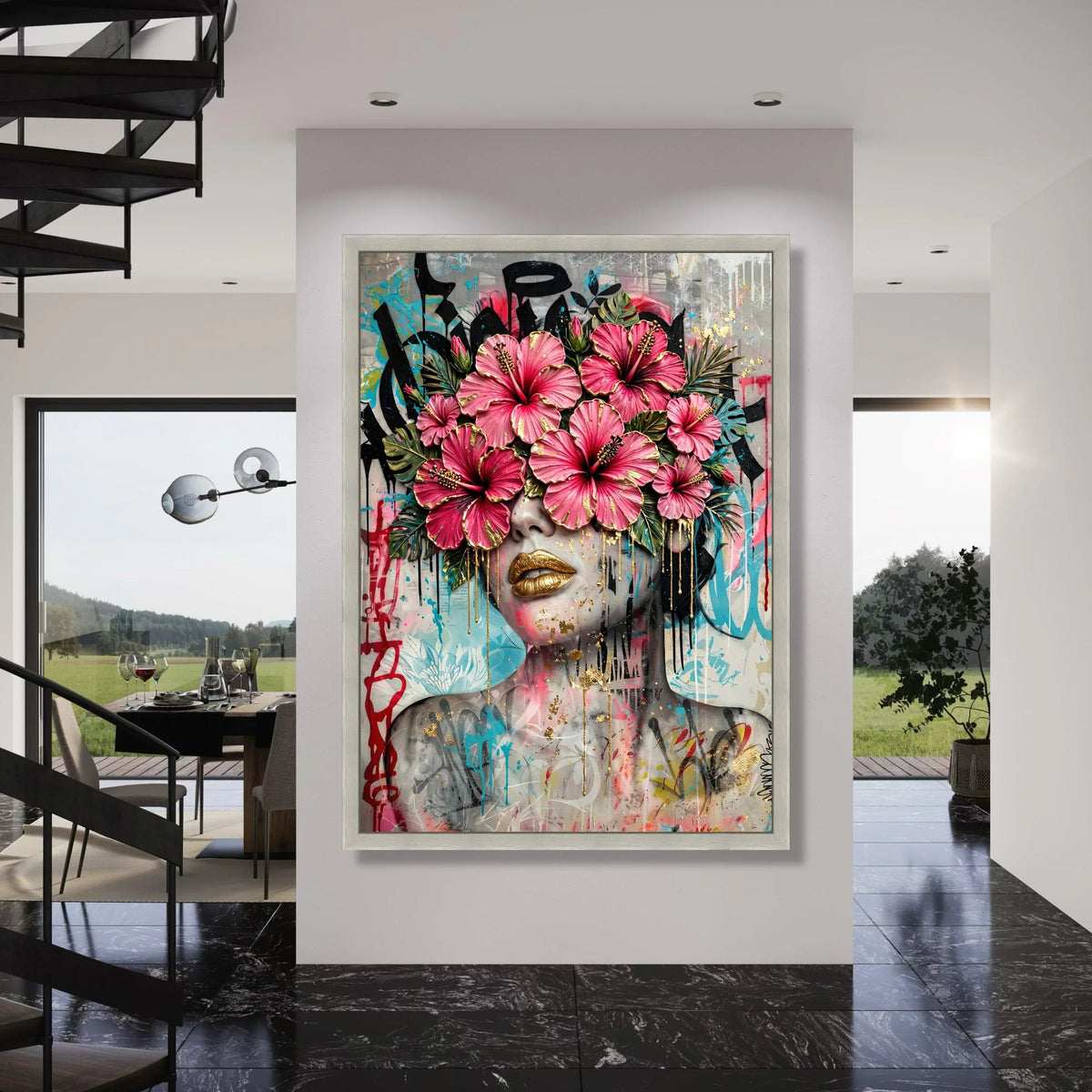 Bold Floral Face Canvas Wall Art, Pink Hibiscus Decor, Urban Graffiti Portrait, Contemporary Flower Art, Modern Home Wall Print Art