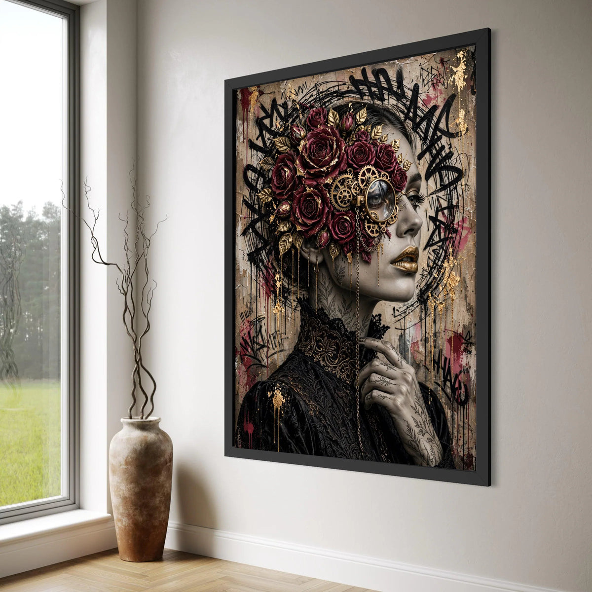 Steampunk Woman with Roses Canvas, Vintage Floral Face Art, Mechanical Gears Portrait, Gothic Fashion Wall Art, Modern Decorative Print Art