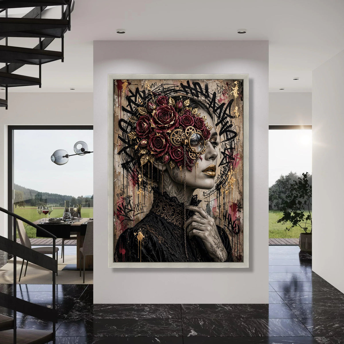 Steampunk Woman with Roses Canvas, Vintage Floral Face Art, Mechanical Gears Portrait, Gothic Fashion Wall Art, Modern Decorative Print Art