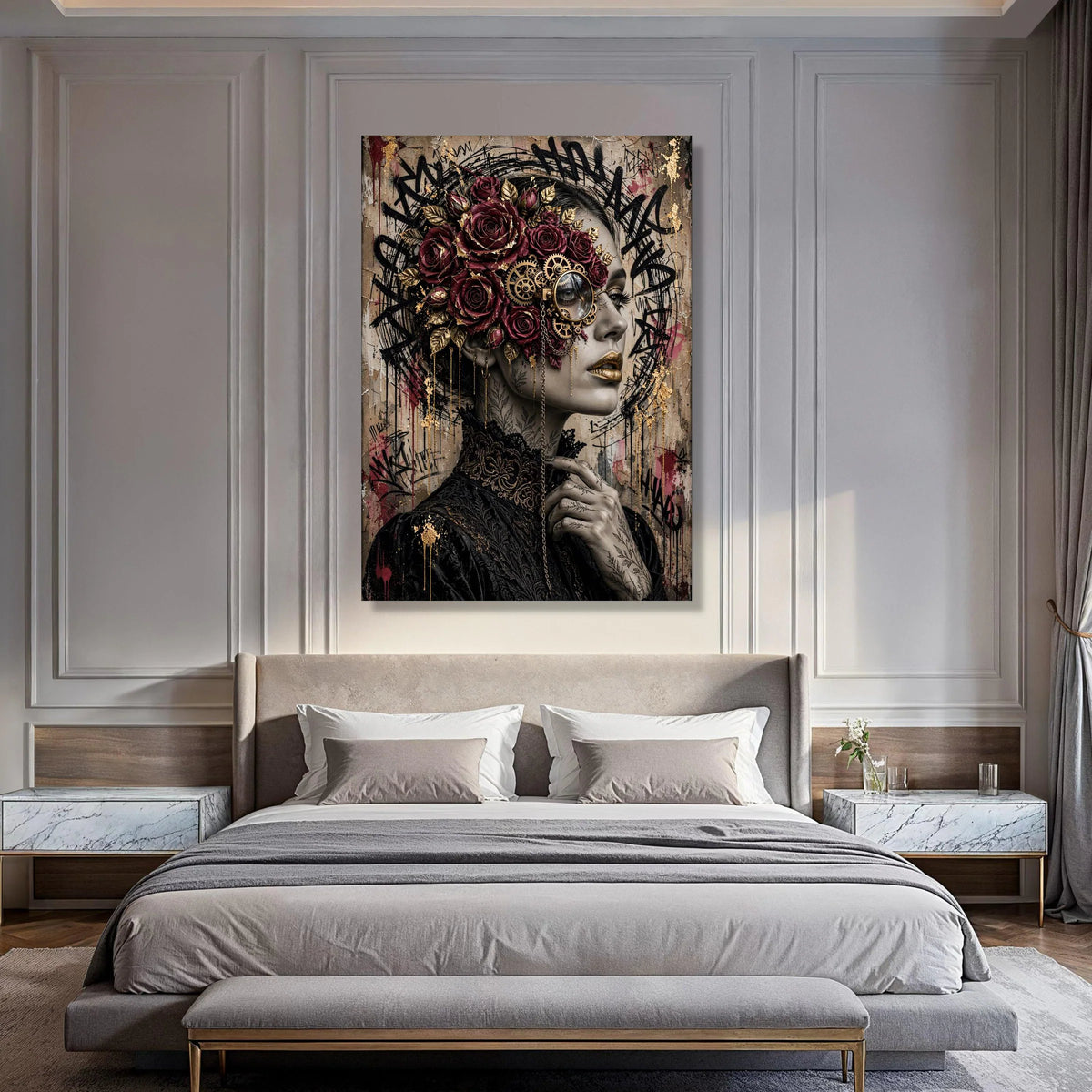 Steampunk Woman with Roses Canvas, Vintage Floral Face Art, Mechanical Gears Portrait, Gothic Fashion Wall Art, Modern Decorative Print Art