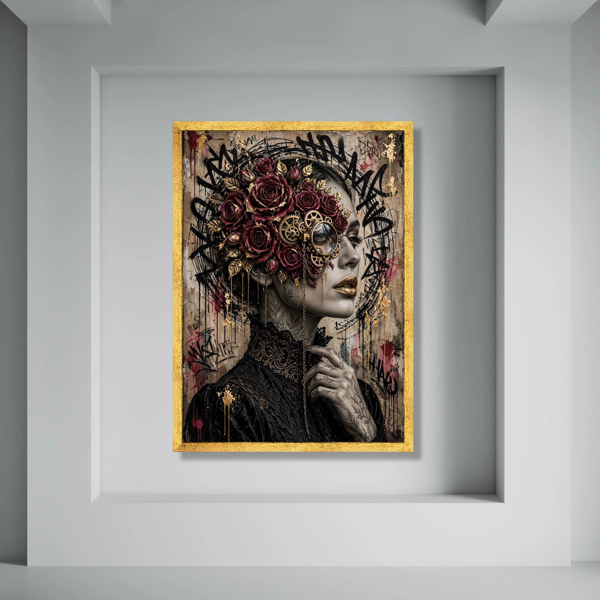 Steampunk Woman with Roses Canvas, Vintage Floral Face Art, Mechanical Gears Portrait, Gothic Fashion Wall Art, Modern Decorative Print Art