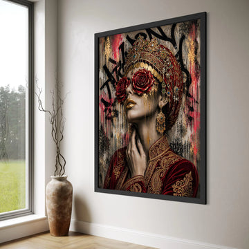 Regal Woman Portrait Canvas, Red Rose Eye Art, Golden Ornament Fashion, Luxe Cultural Wall Art, Contemporary Female Canvas Print Art