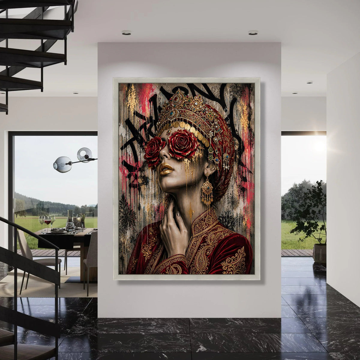 Regal Woman Portrait Canvas, Red Rose Eye Art, Golden Ornament Fashion, Luxe Cultural Wall Art, Contemporary Female Canvas Print Art
