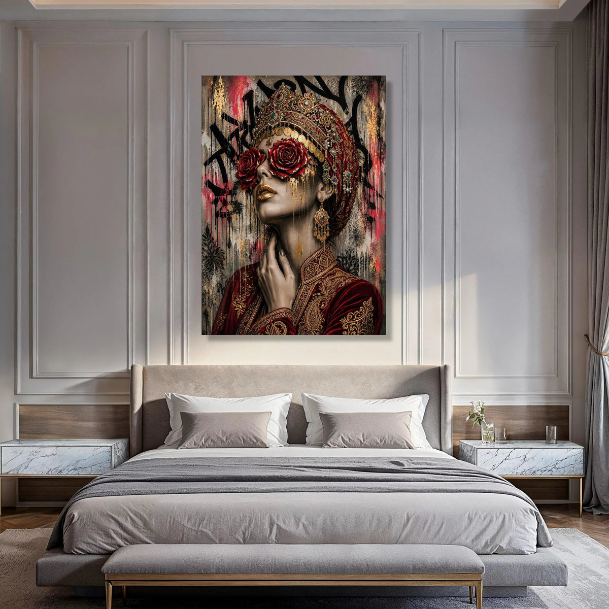 Regal Woman Portrait Canvas, Red Rose Eye Art, Golden Ornament Fashion, Luxe Cultural Wall Art, Contemporary Female Canvas Print Art