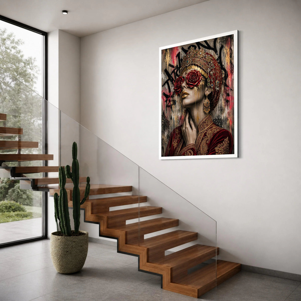 Regal Woman Portrait Canvas, Red Rose Eye Art, Golden Ornament Fashion, Luxe Cultural Wall Art, Contemporary Female Canvas Print Art