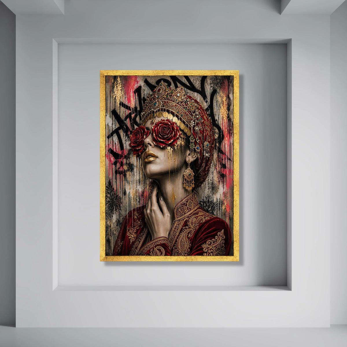 Regal Woman Portrait Canvas, Red Rose Eye Art, Golden Ornament Fashion, Luxe Cultural Wall Art, Contemporary Female Canvas Print Art
