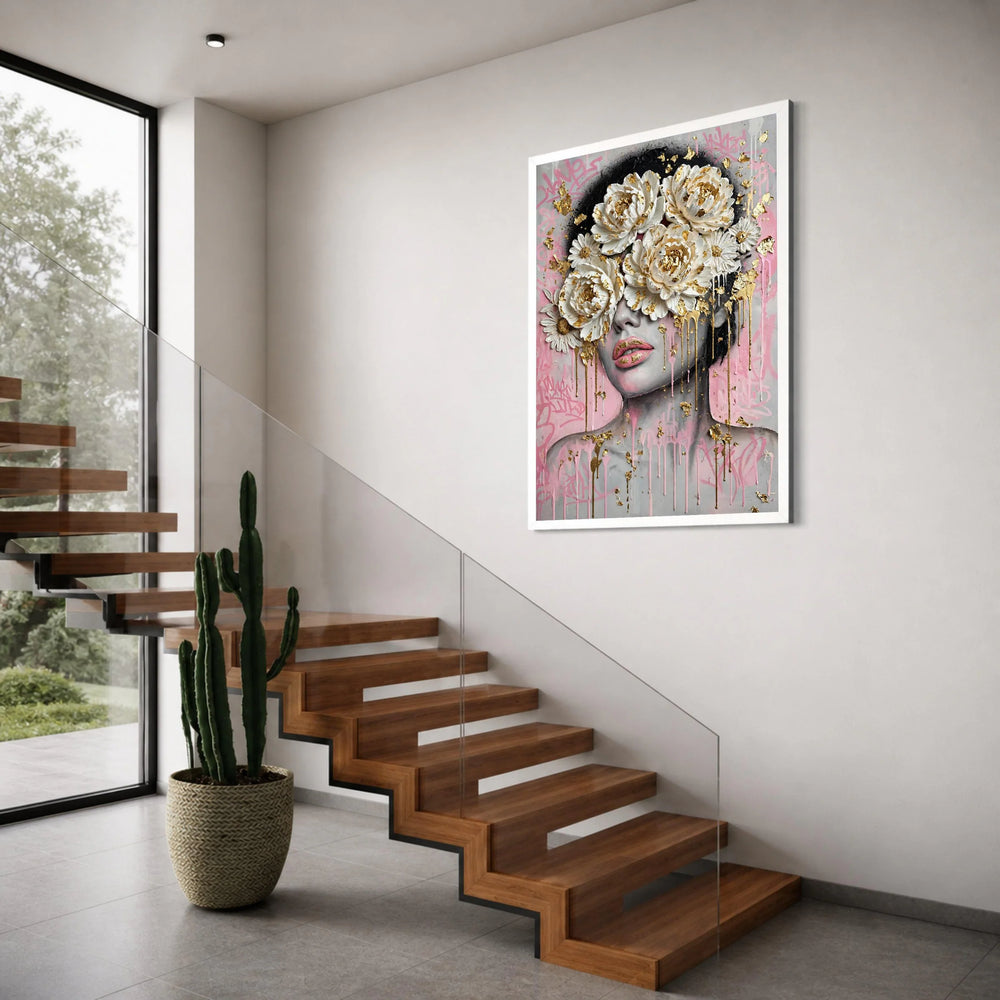 Modern Floral Face Canvas Wall Art, Contemporary Portrait with White Peonies and Gold Accents, Pink Graffiti Background, Print Art