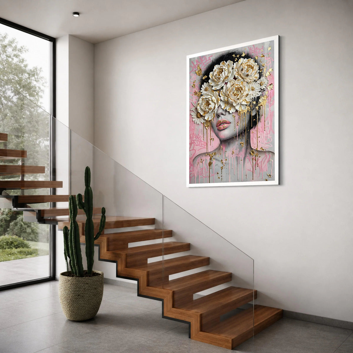 Modern Floral Face Canvas Wall Art, Contemporary Portrait with White Peonies and Gold Accents, Pink Graffiti Background, Print Art