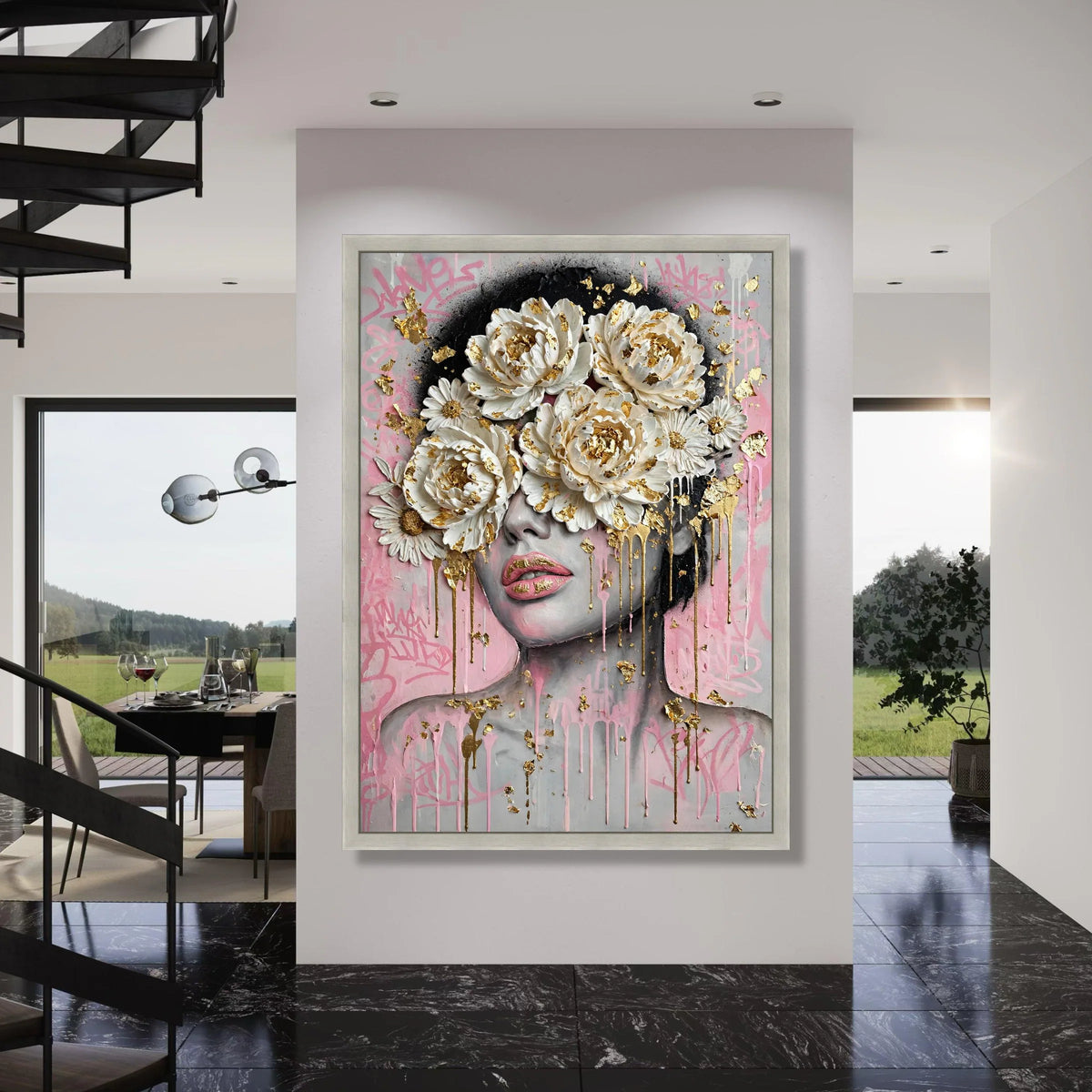 Modern Floral Face Canvas Wall Art, Contemporary Portrait with White Peonies and Gold Accents, Pink Graffiti Background, Print Art