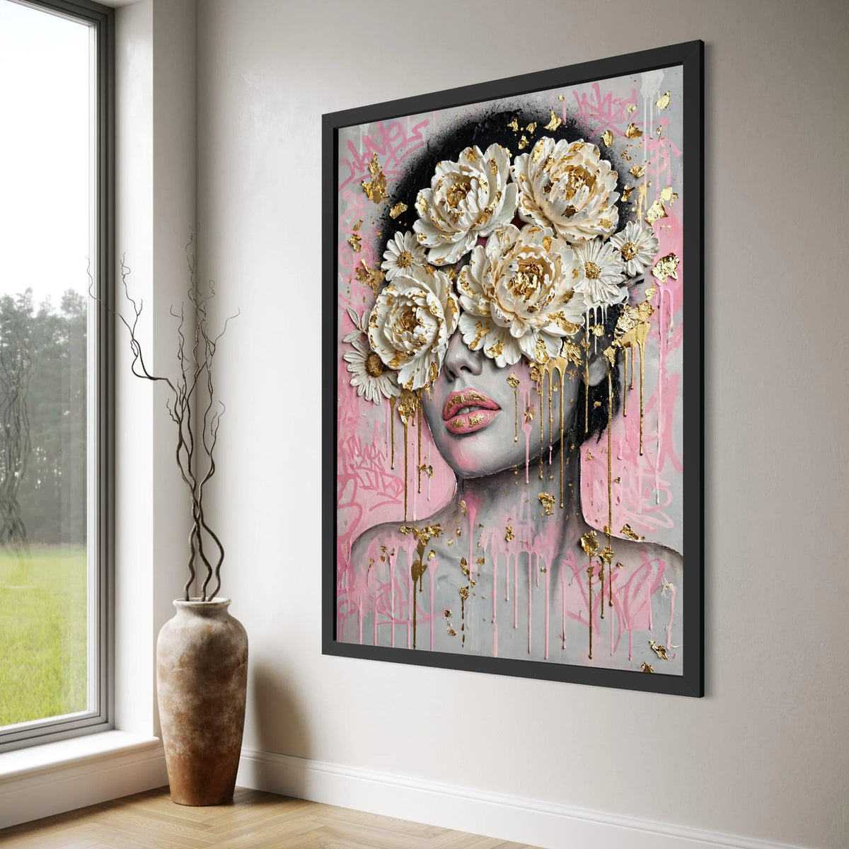 Modern Floral Face Canvas Wall Art, Contemporary Portrait with White Peonies and Gold Accents, Pink Graffiti Background, Print Art