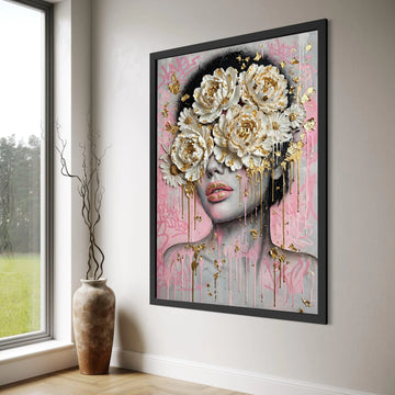 Modern Floral Face Canvas Wall Art, Contemporary Portrait with White Peonies and Gold Accents, Pink Graffiti Background, Print Art