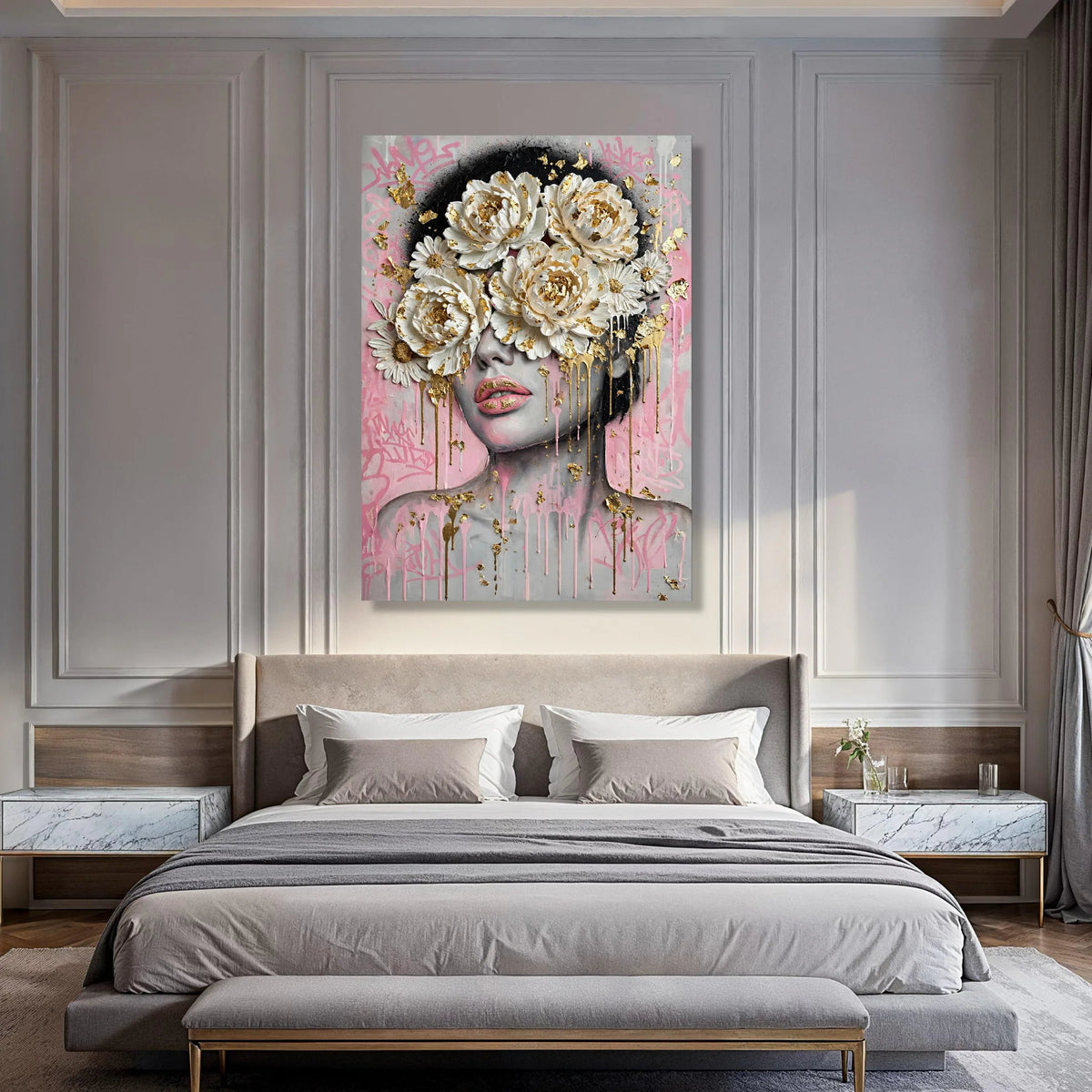 Modern Floral Face Canvas Wall Art, Contemporary Portrait with White Peonies and Gold Accents, Pink Graffiti Background, Print Art