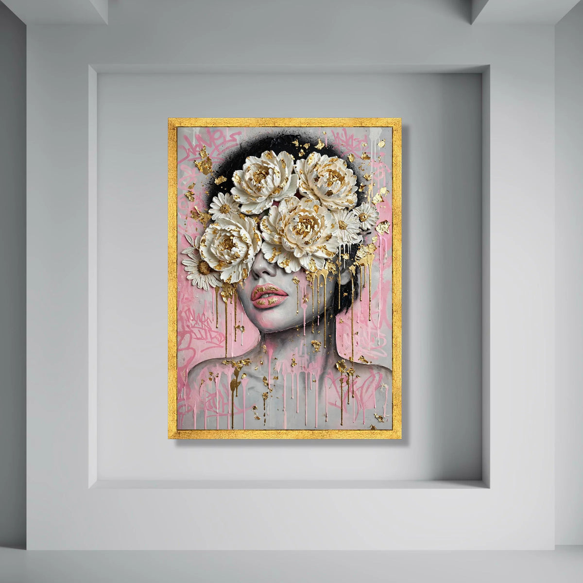 Modern Floral Face Canvas Wall Art, Contemporary Portrait with White Peonies and Gold Accents, Pink Graffiti Background, Print Art