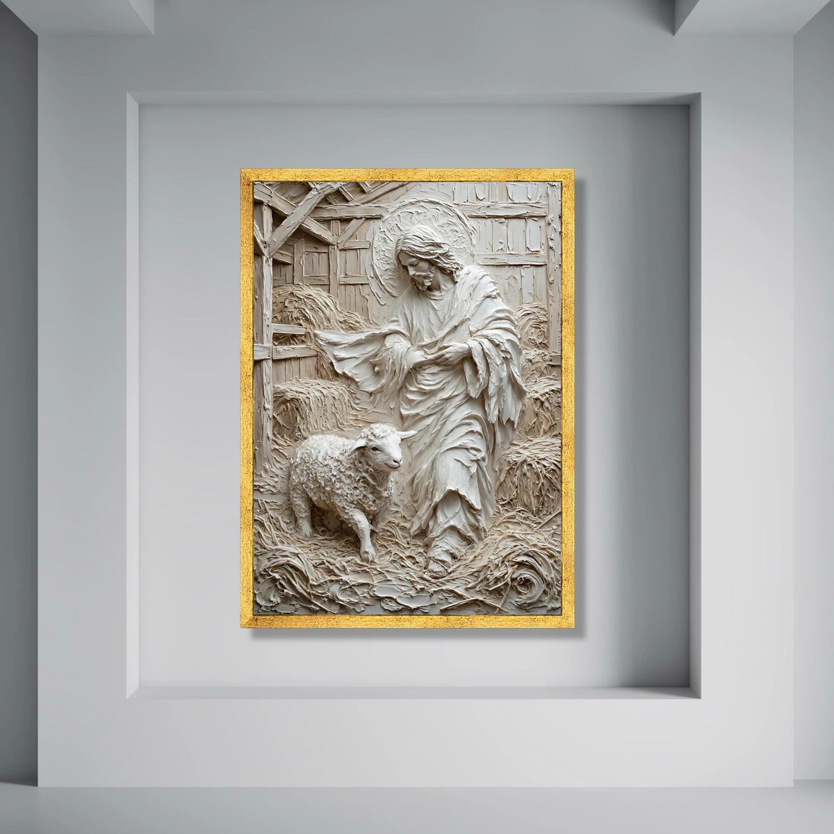 Jesus with Lamb Canvas Wall Art, Spiritual Religious Decoration, Pastoral Christian Scene, Inspirational Faith Illustration, Home Print Art