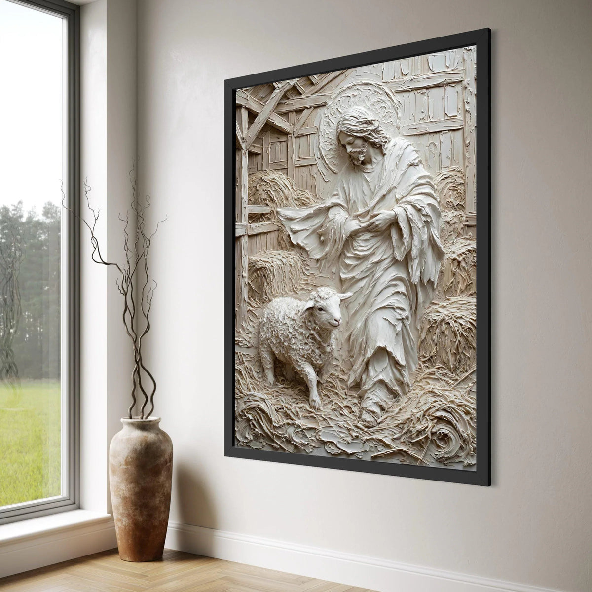 Jesus with Lamb Canvas Wall Art, Spiritual Religious Decoration, Pastoral Christian Scene, Inspirational Faith Illustration, Home Print Art