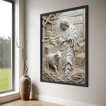 Jesus with Lamb Canvas Wall Art, Spiritual Religious Decoration, Pastoral Christian Scene, Inspirational Faith Illustration, Home Print Art