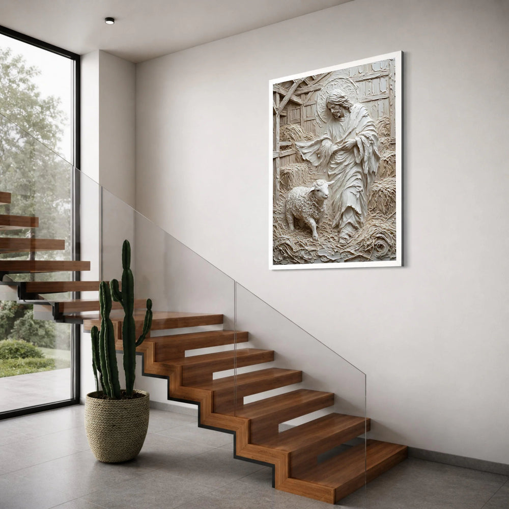 Jesus with Lamb Canvas Wall Art, Spiritual Religious Decoration, Pastoral Christian Scene, Inspirational Faith Illustration, Home Print Art