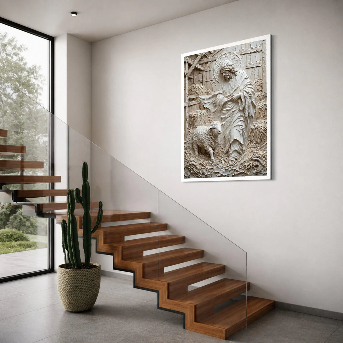 Jesus with Lamb Canvas Wall Art, Spiritual Religious Decoration, Pastoral Christian Scene, Inspirational Faith Illustration, Home Print Art