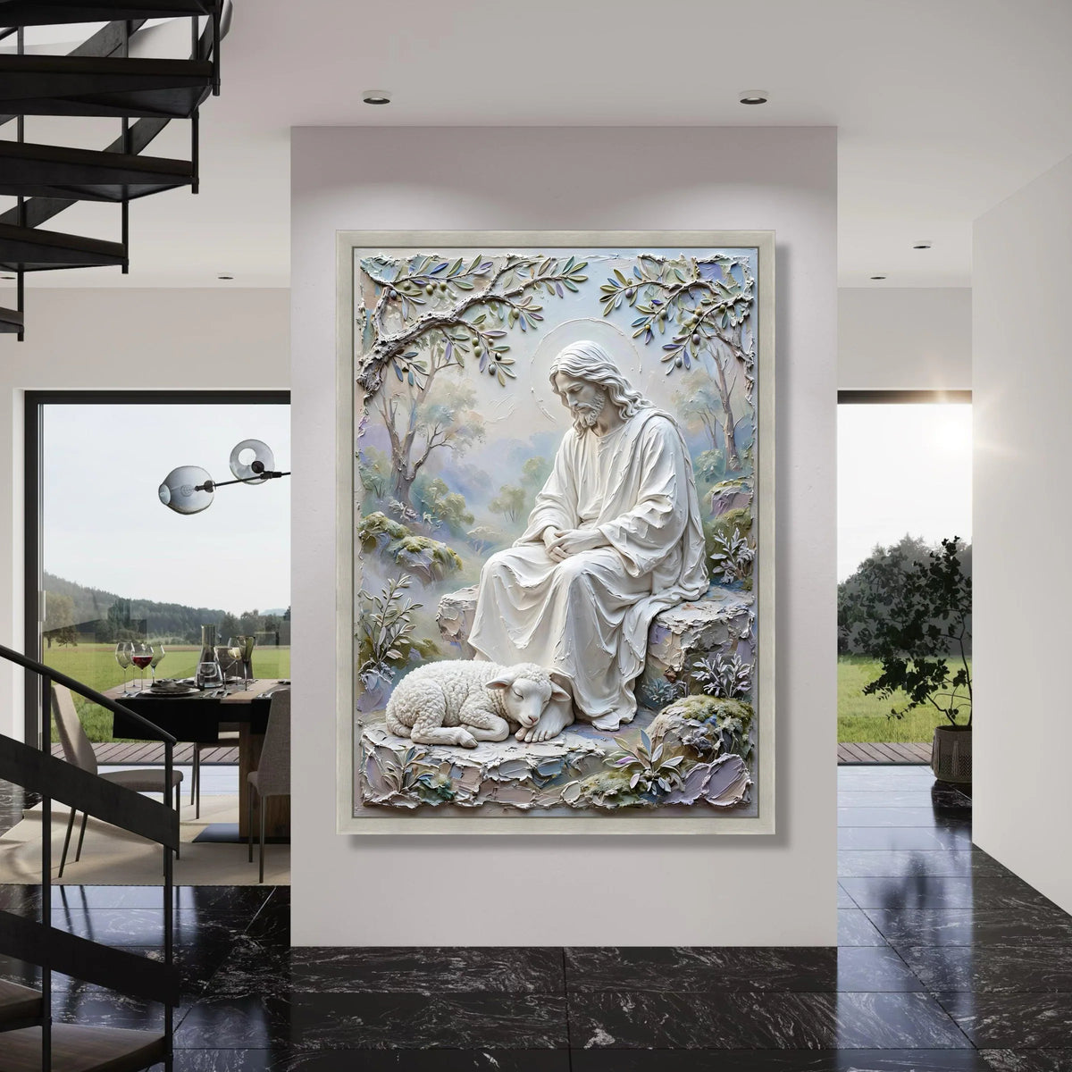 Serene Jesus with Lamb Canvas, Christian Religious Wall Art, Spiritual Faith Decor, Peaceful Garden Scene Canvas, Inspirational Print Art