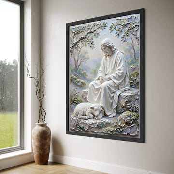 Serene Jesus with Lamb Canvas, Christian Religious Wall Art, Spiritual Faith Decor, Peaceful Garden Scene Canvas, Inspirational Print Art