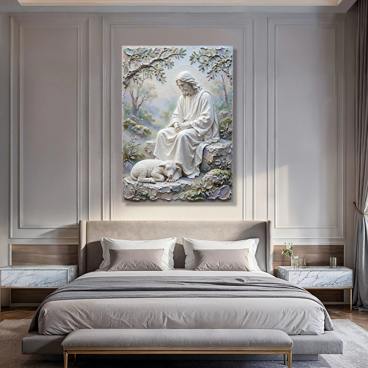 Serene Jesus with Lamb Canvas, Christian Religious Wall Art, Spiritual Faith Decor, Peaceful Garden Scene Canvas, Inspirational Print Art