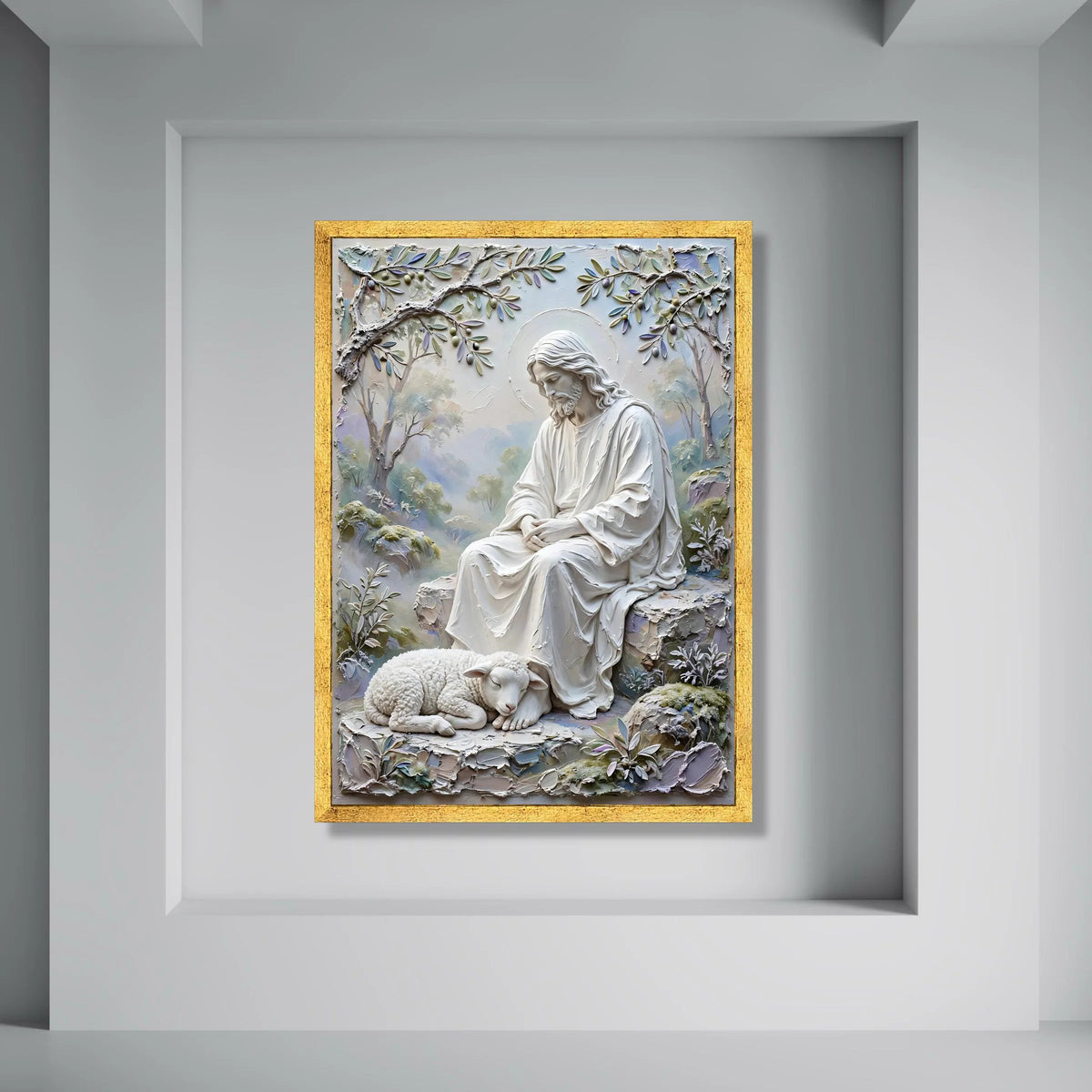 Serene Jesus with Lamb Canvas, Christian Religious Wall Art, Spiritual Faith Decor, Peaceful Garden Scene Canvas, Inspirational Print Art