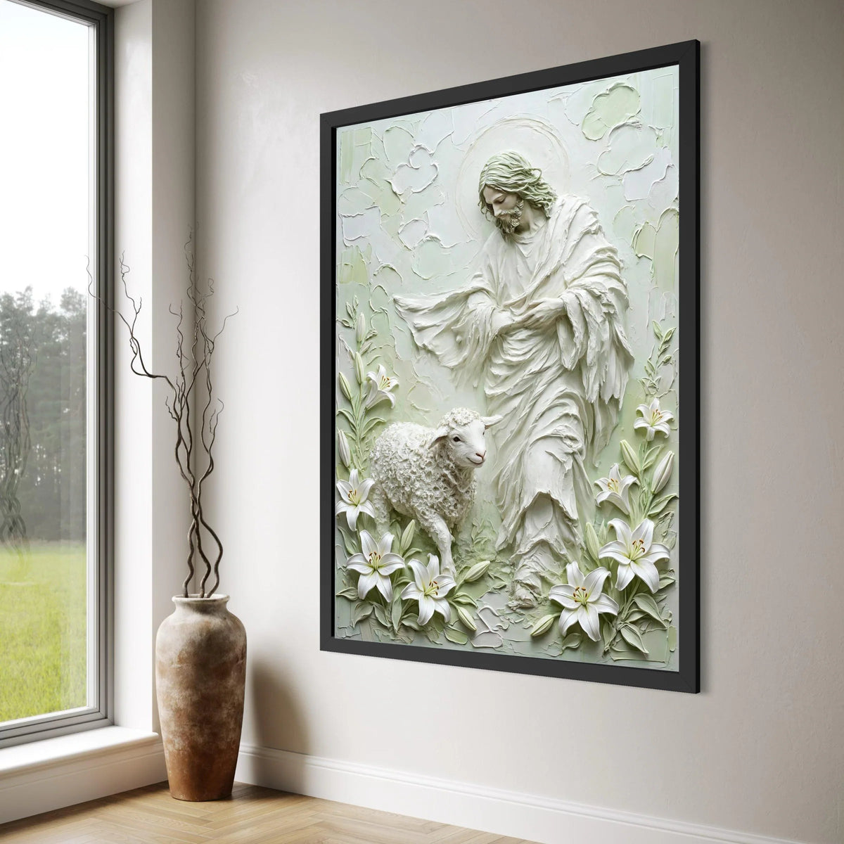 Sacred Shepherd and Lamb Canvas Art, Christian Religious Wall Decor, Spiritual Home Decoration, White Lilies Floral Canvas, Faith Print Art