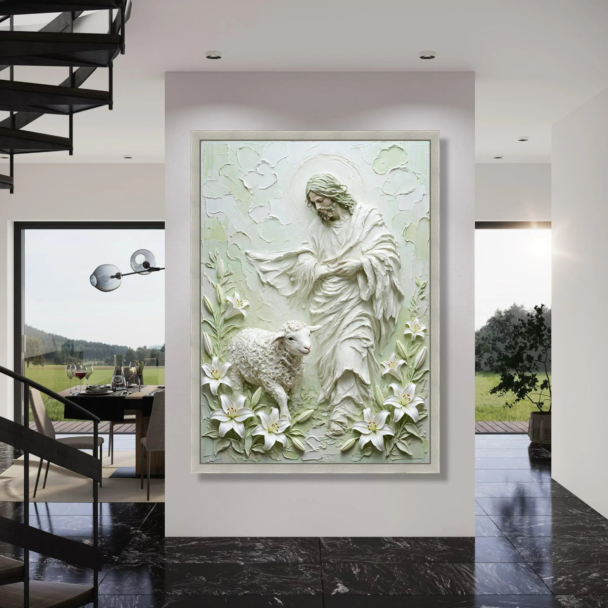 Sacred Shepherd and Lamb Canvas Art, Christian Religious Wall Decor, Spiritual Home Decoration, White Lilies Floral Canvas, Faith Print Art