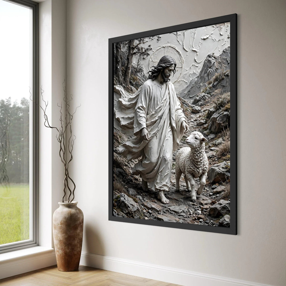 Jesus the Good Shepherd Canvas Wall Art, Religious Lamb Painting, Christian Spiritual Decor, Biblical Landscape Canvas, Home Print Art
